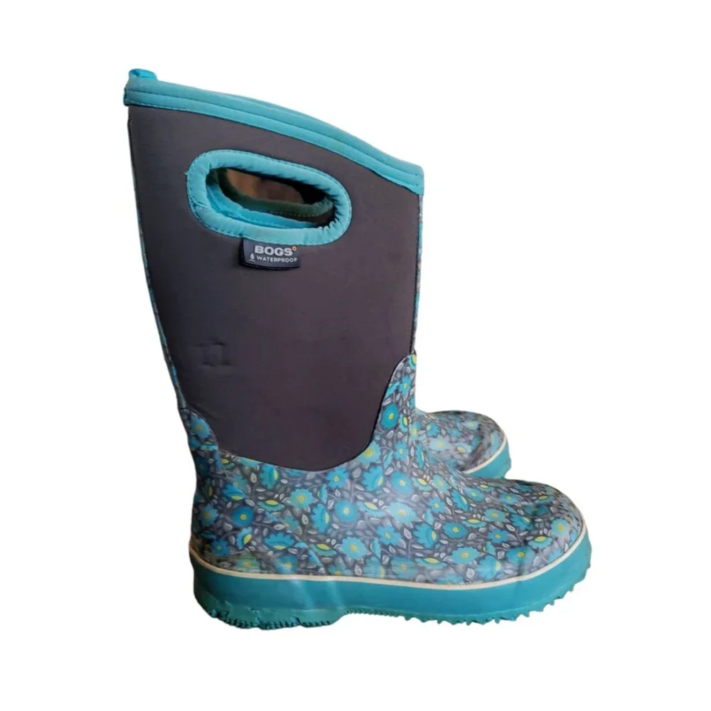BOGS Youth Classic Floral Boots Kids Youth Size 2 Teal Insulated Waterproof Boot